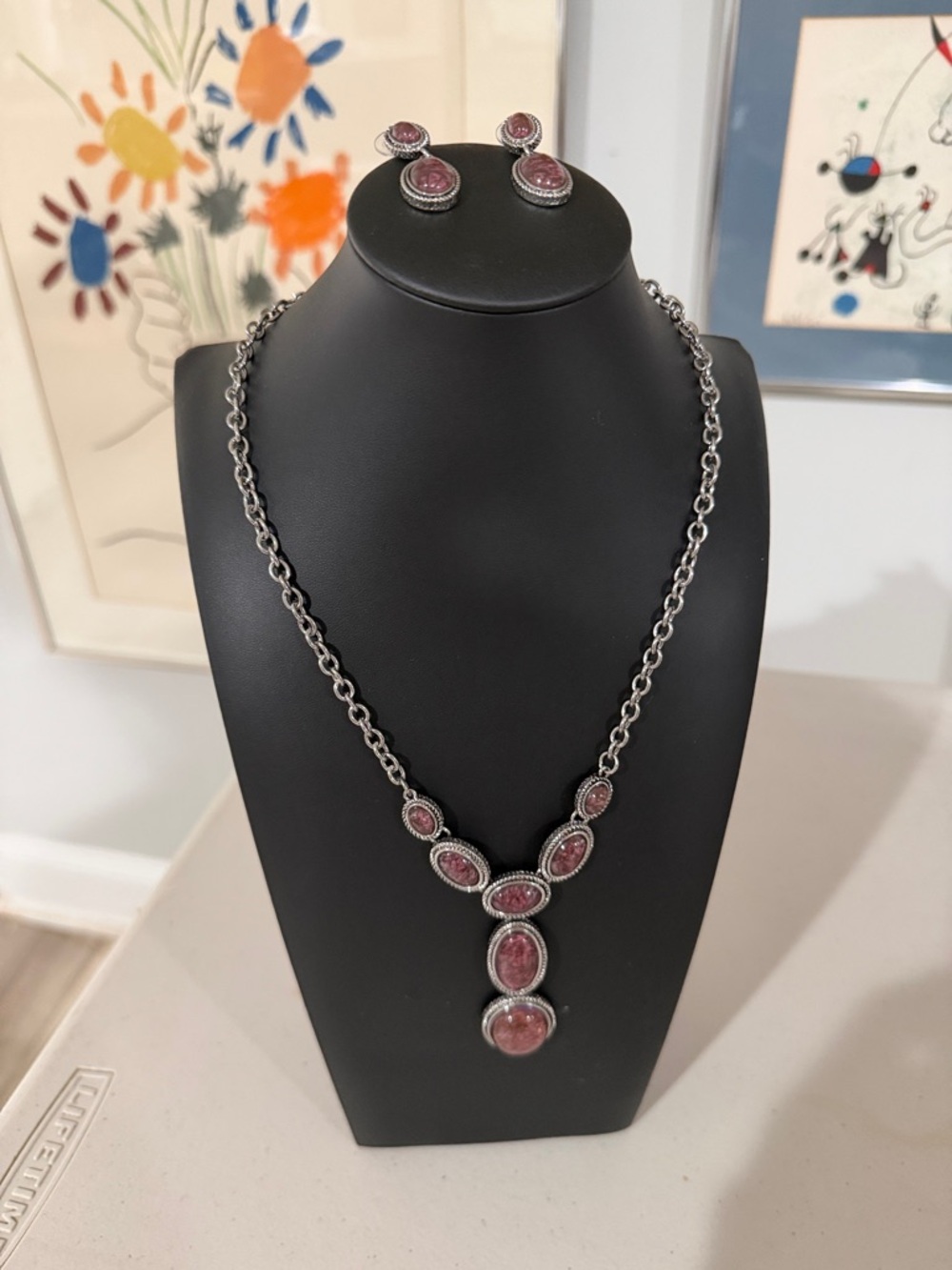 Napier Silver toned Pink Gemstone Necklace and Earrings Set - Picture 1 of 6